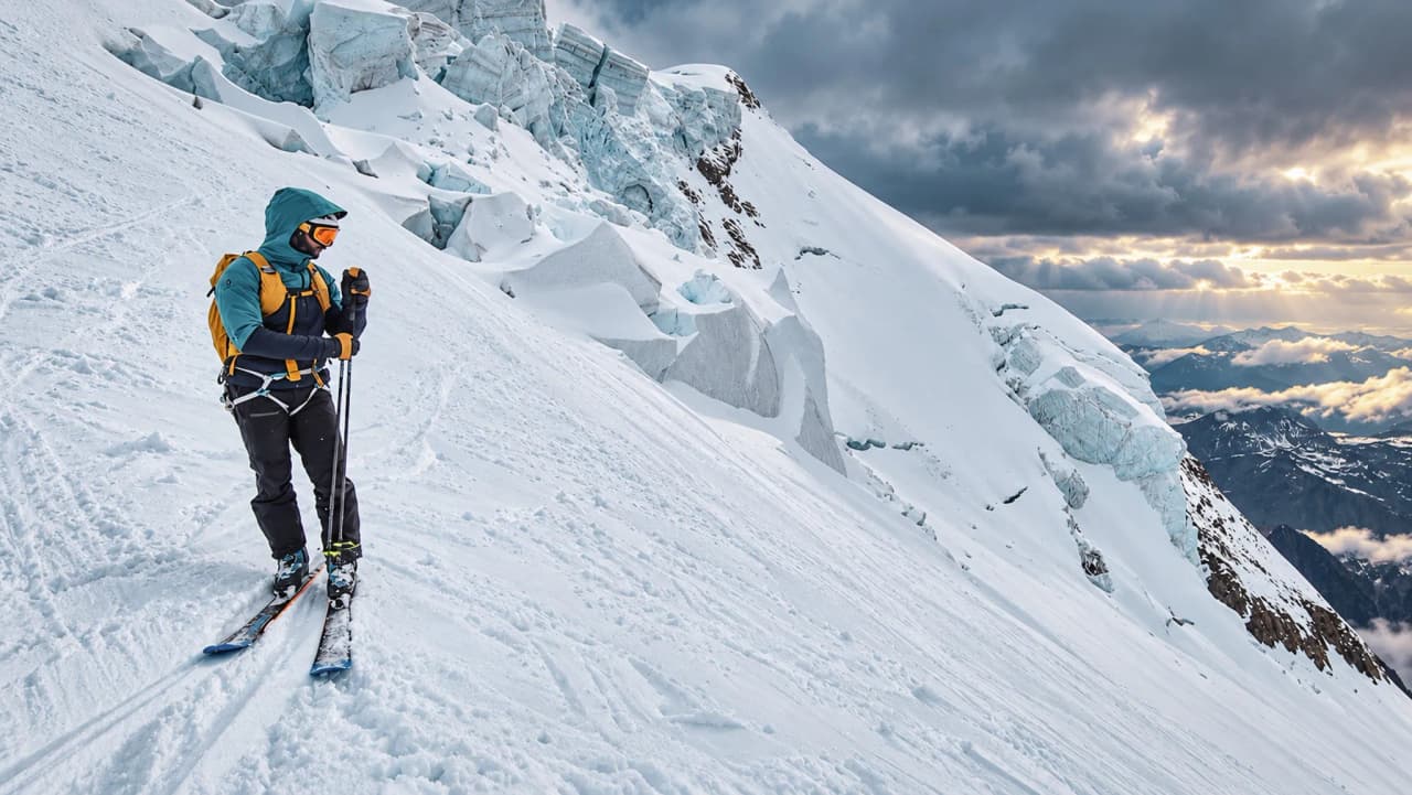 Un skieur en pleine ascension sur le Mont Blanc, entouré de glaciers et de paysages majestueux.