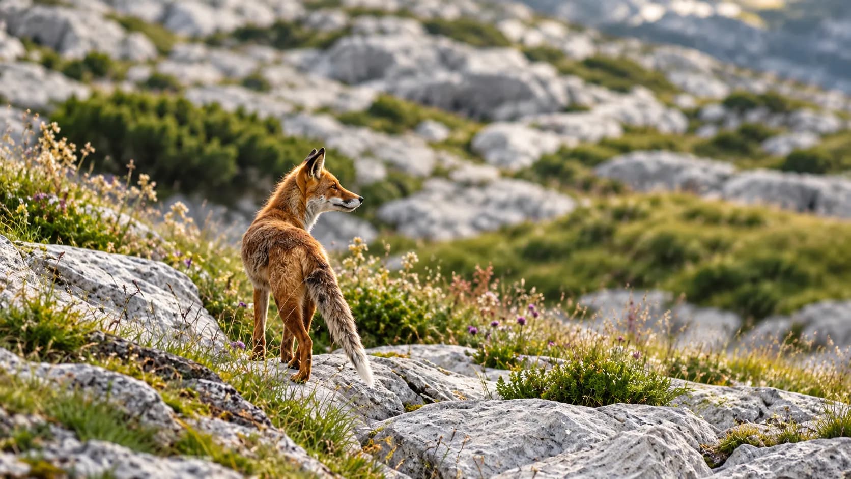A majestic fox explores an alpine landscape dotted with flowers and rocks, inviting you on an adventure.