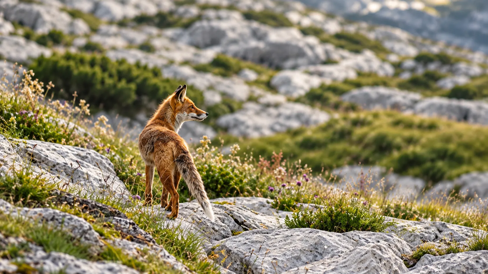 A majestic fox explores an alpine landscape dotted with flowers and rocks, inviting you on an adventure.