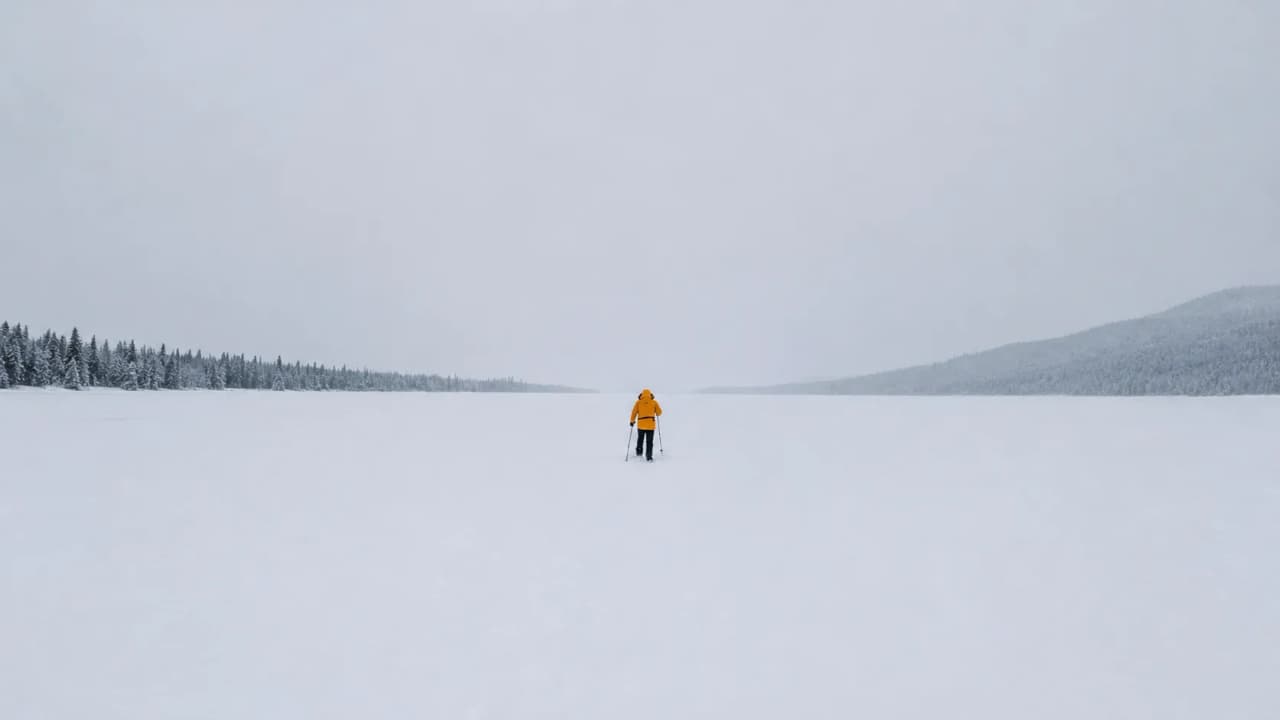 An adventurer in a yellow jumpsuit crosses a snowy landscape, surrounded by majestic fir trees.