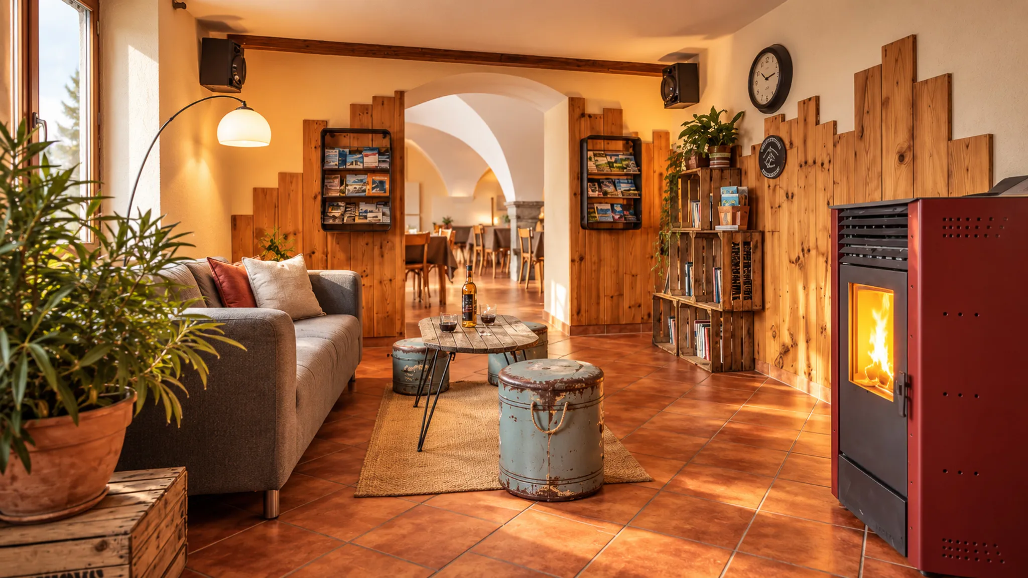 Espace chaleureux avec un canapé, une table en bois et un poêle, idéal pour se détendre après une randonnée.