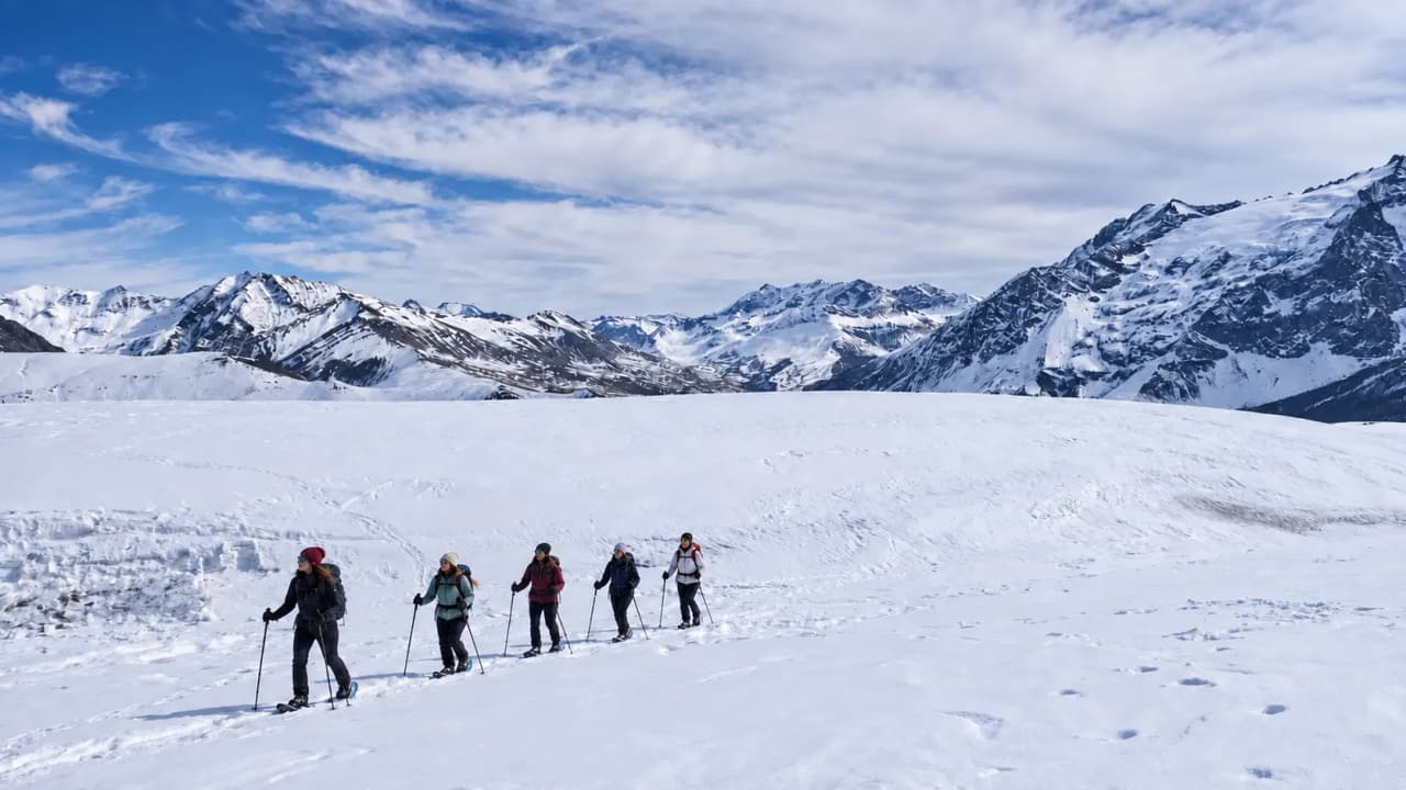 Five women on snowshoes are crossing a snow-covered landscape in the Écrins, beneath a bright blue sky.