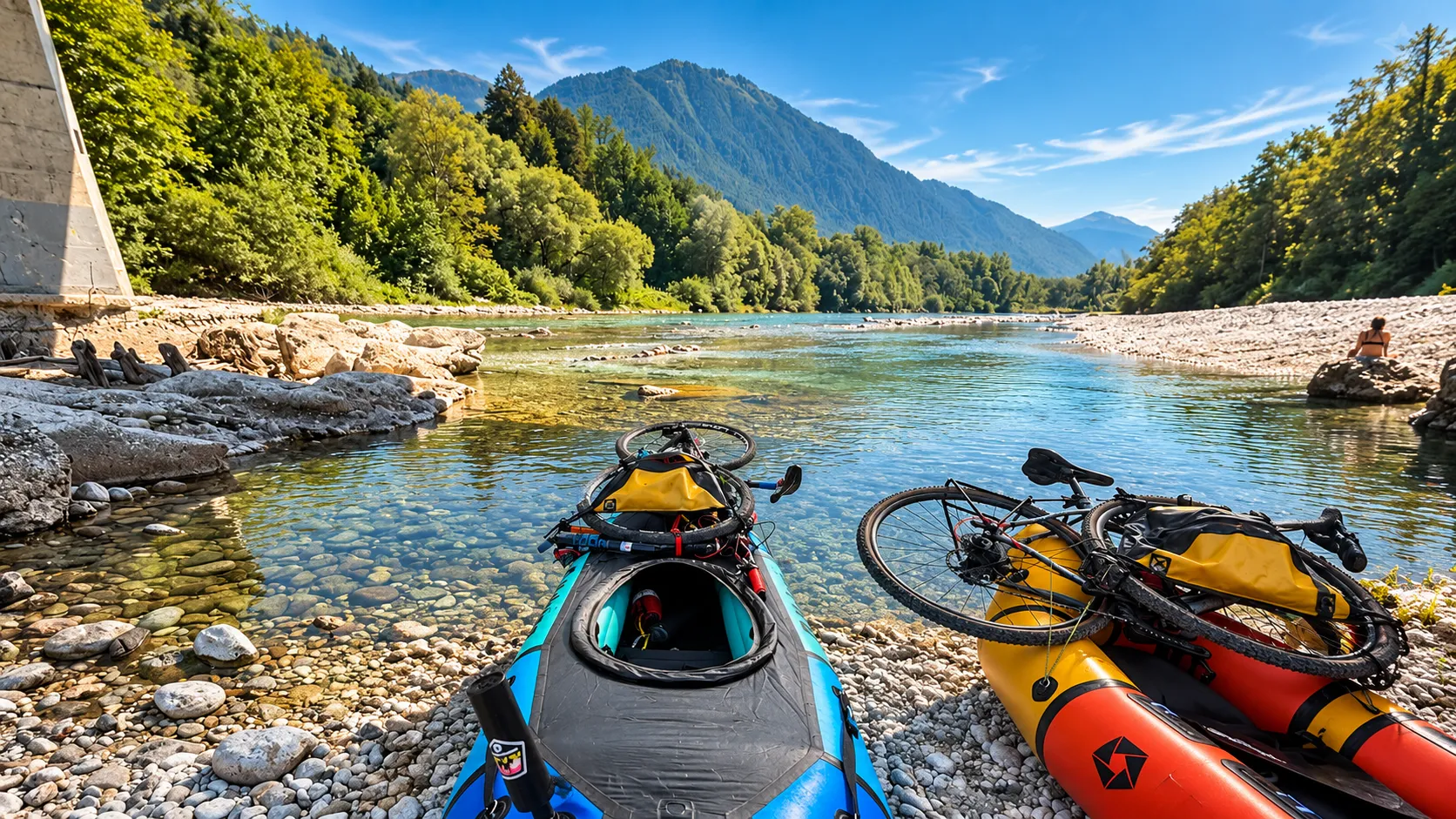 Kayaks et vélos sur une rive cristalline, entourés des majestueuses Alpes slovènes.