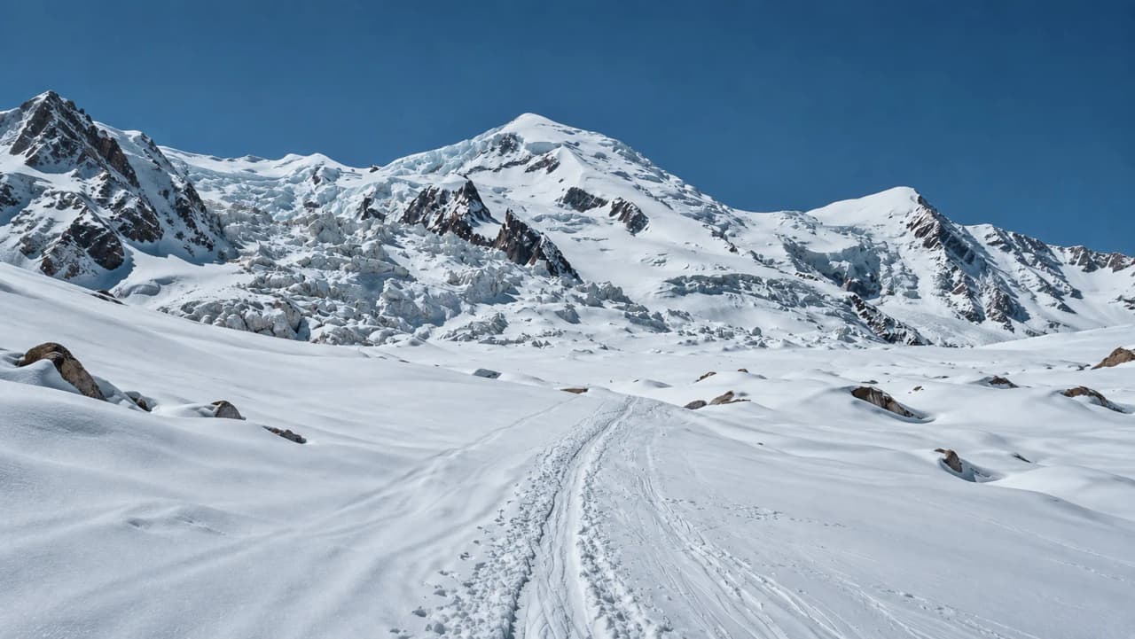 Un panorama alpin spectaculaire aux neiges immaculées, invitant à l'ascension du Mont Blanc.
