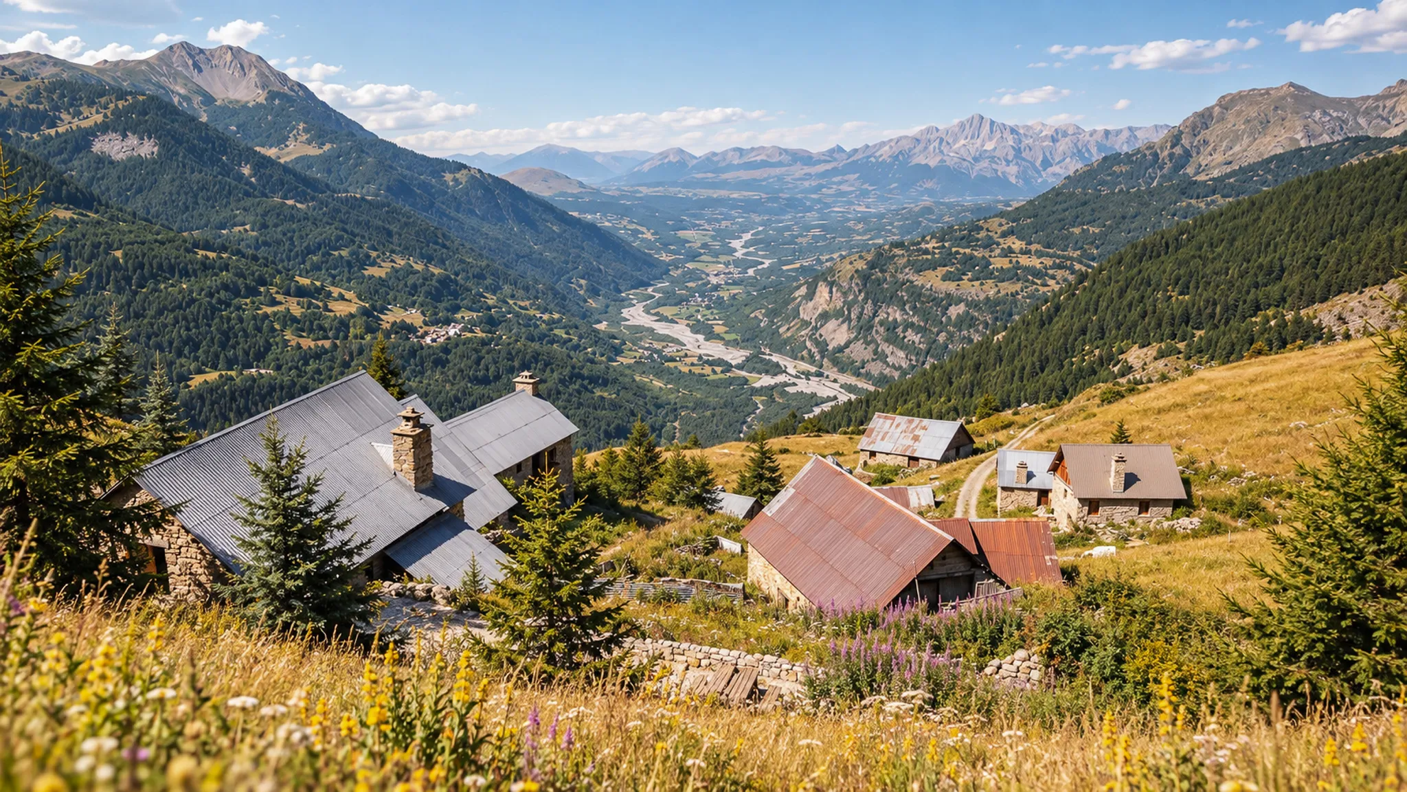 Paysage alpin avec chalets pittoresques, vallées verdoyantes et montagnes majestueuses.