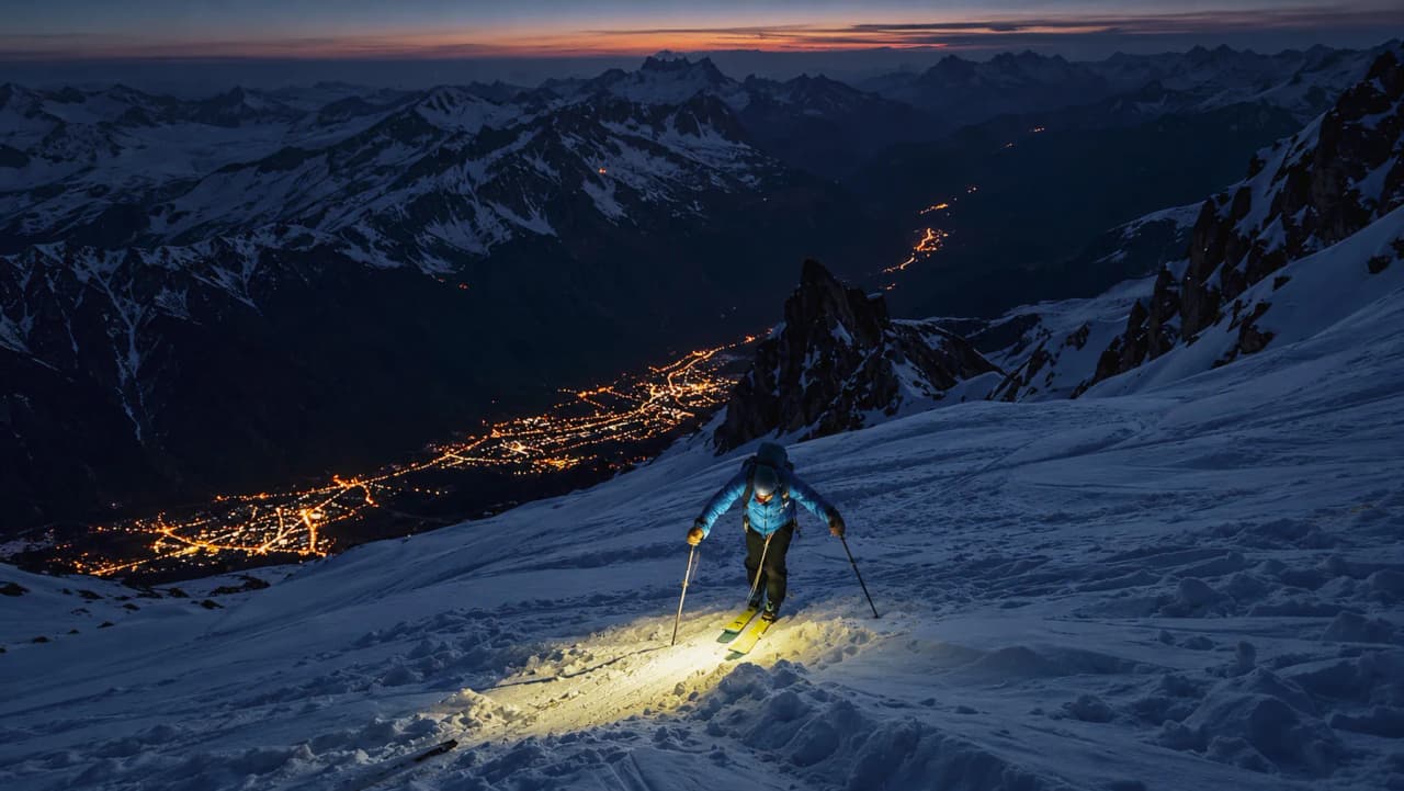 Skieur éclairé par sa lampe frontale, gravissant la neige au lever du soleil sur le Mont Blanc.