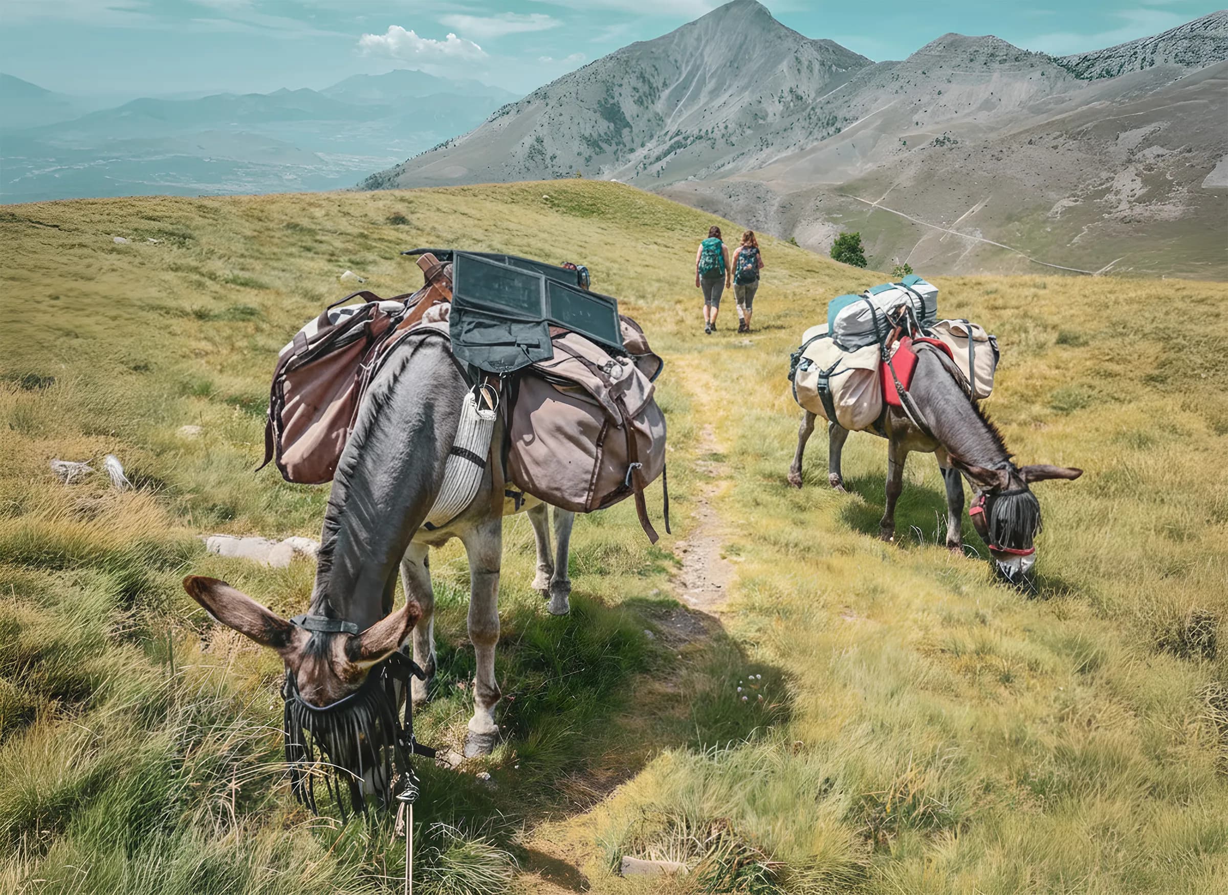 Two donkeys carrying bags, grazing in the Alpine meadows, with hikers in the distance.