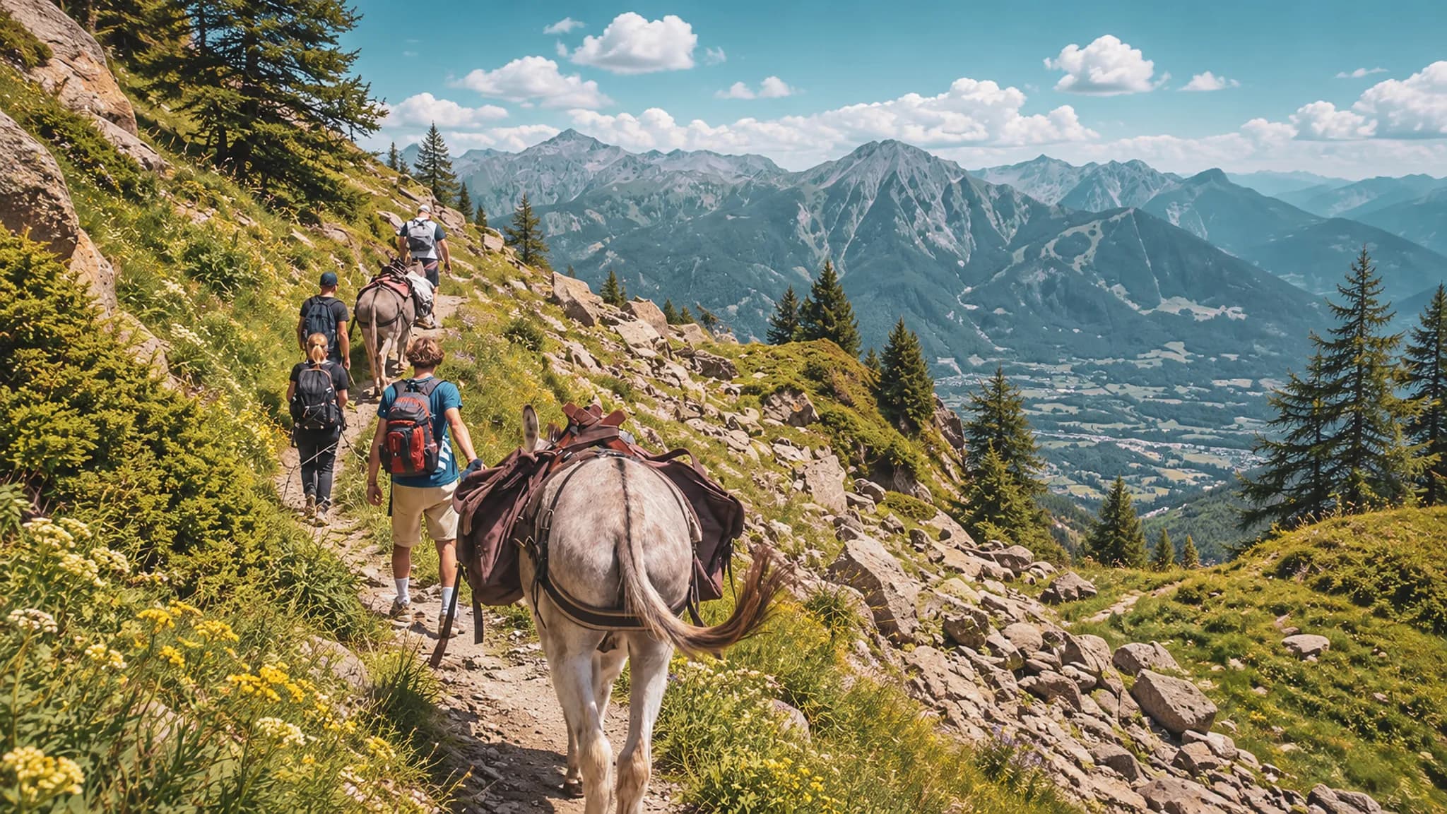 Randonneurs accompagnés d'ânes, cheminant dans un paysage alpin magnifique sous un ciel bleu.