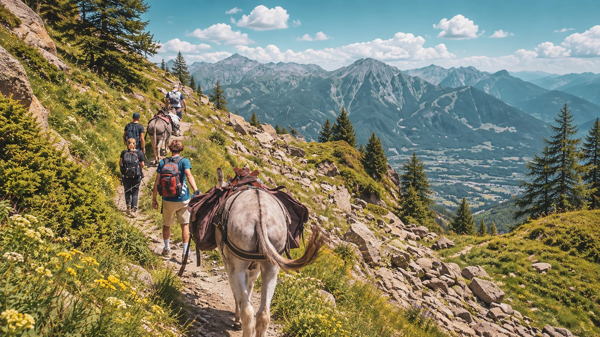 Randonneurs accompagnés d'ânes, cheminant dans un paysage alpin magnifique sous un ciel bleu.