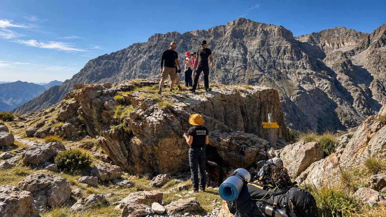 Groupe en pleine expédition alpine, entre rochers et montagnes majestueuses, aventure en pleine nature.