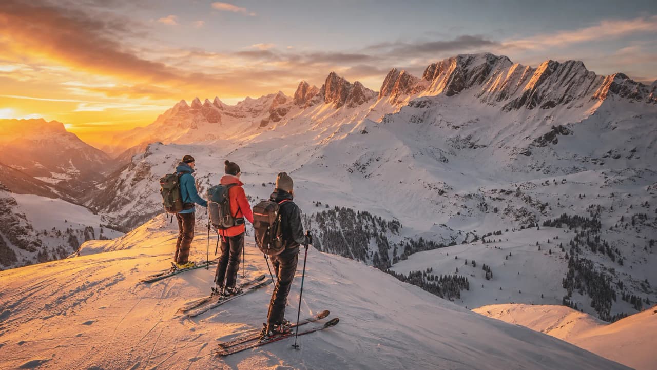 Three skiers are admiring a sunset over the snow-capped mountains of the Aravis.