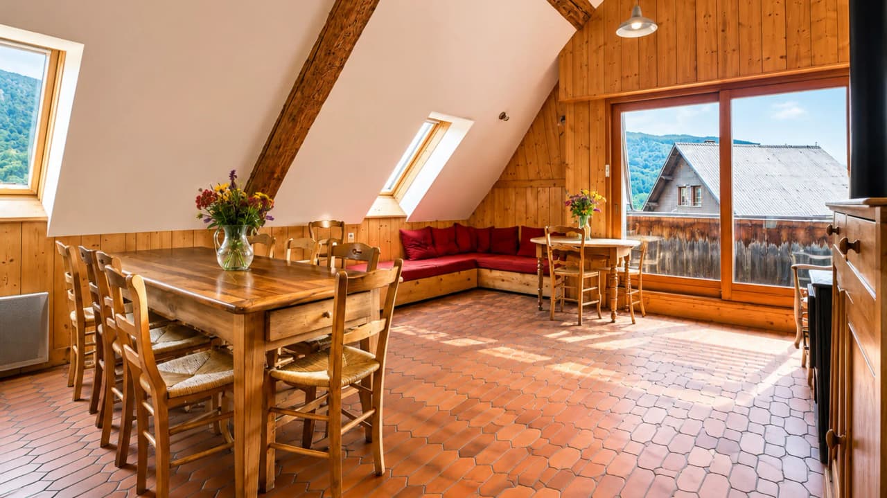 Espace chaleureux en bois, avec tables et vue sur la nature luxuriante de Chartreuse.