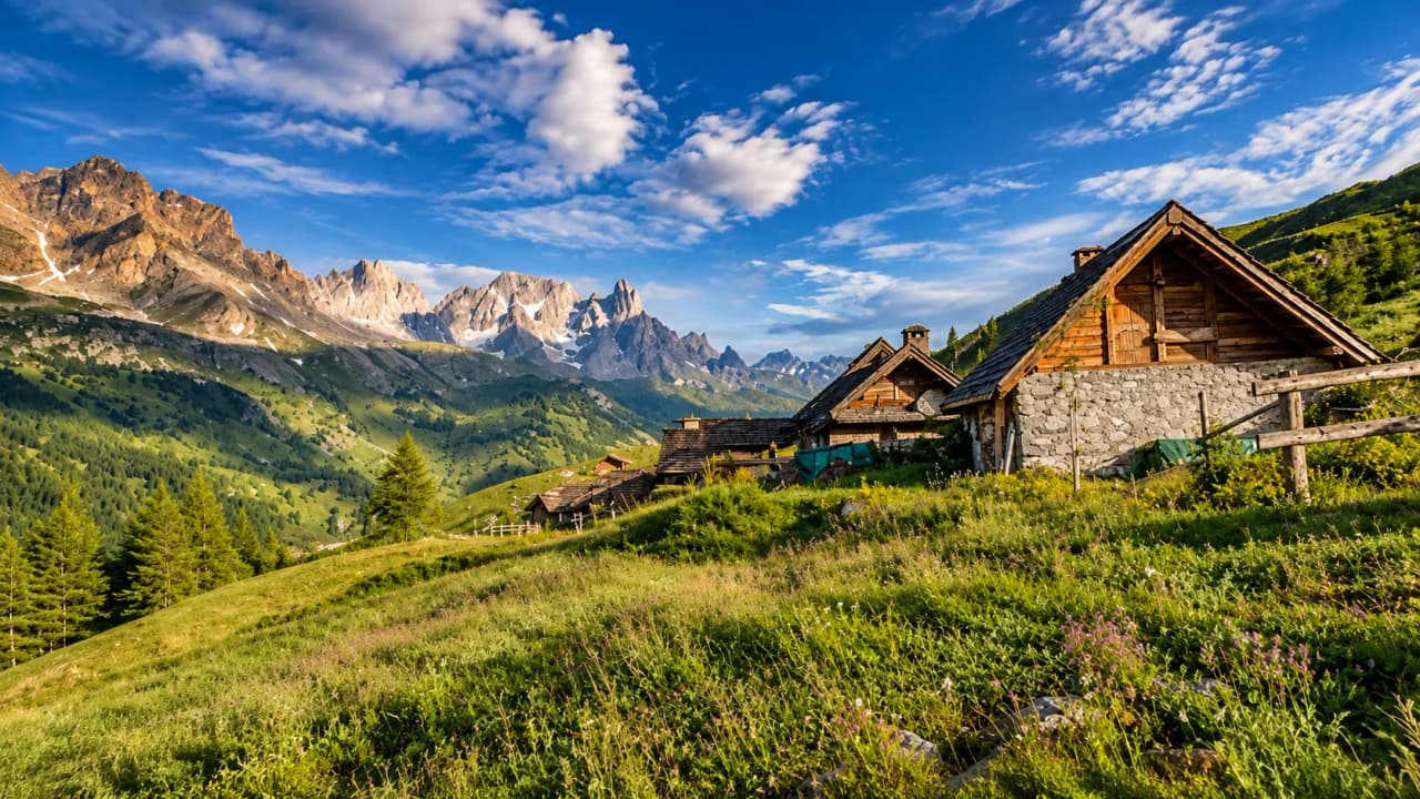 Vastes prairies verdoyantes avec chalets en bois, sur fond de majestueuses montagnes alpines.
