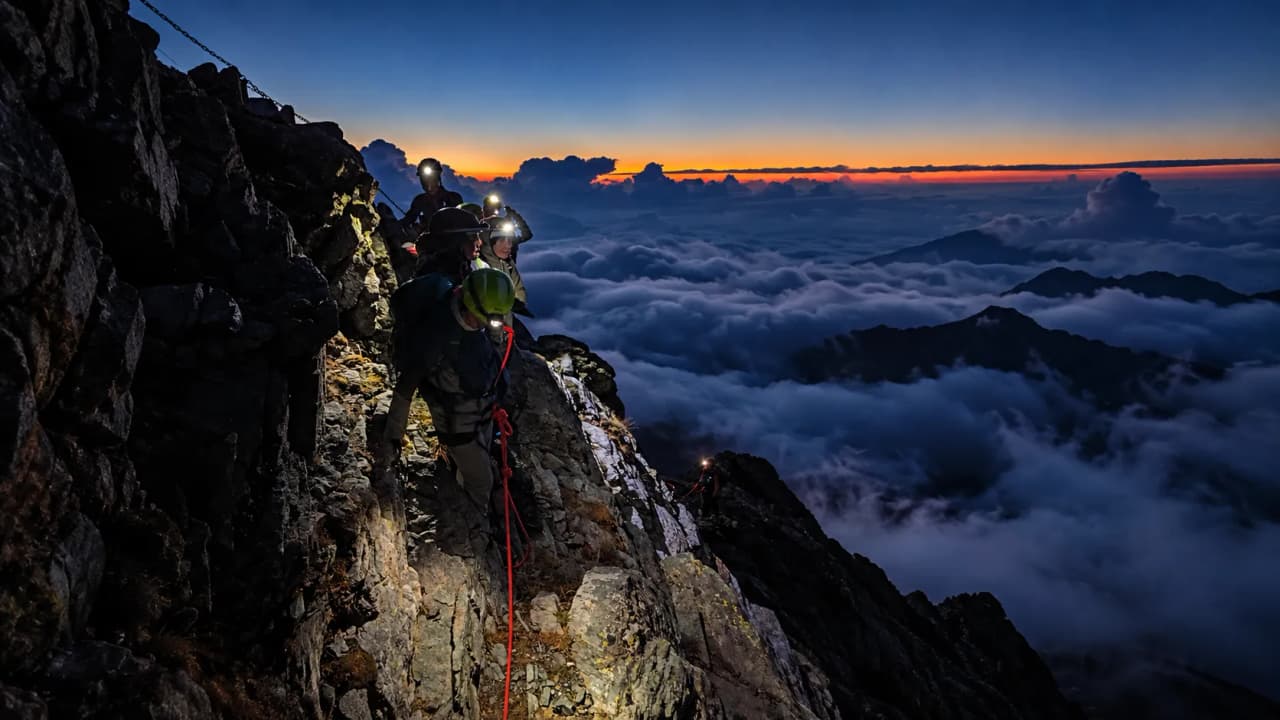 A night-time climb up Monte Viso, amidst clouds and mountains, moments of adrenaline and beauty.