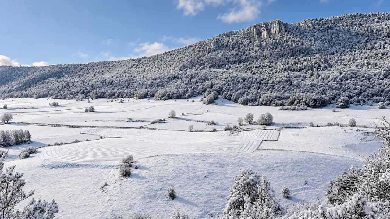A snow-covered landscape in the Vercors, with majestic mountains beneath a brilliant blue sky. A winter adventure!