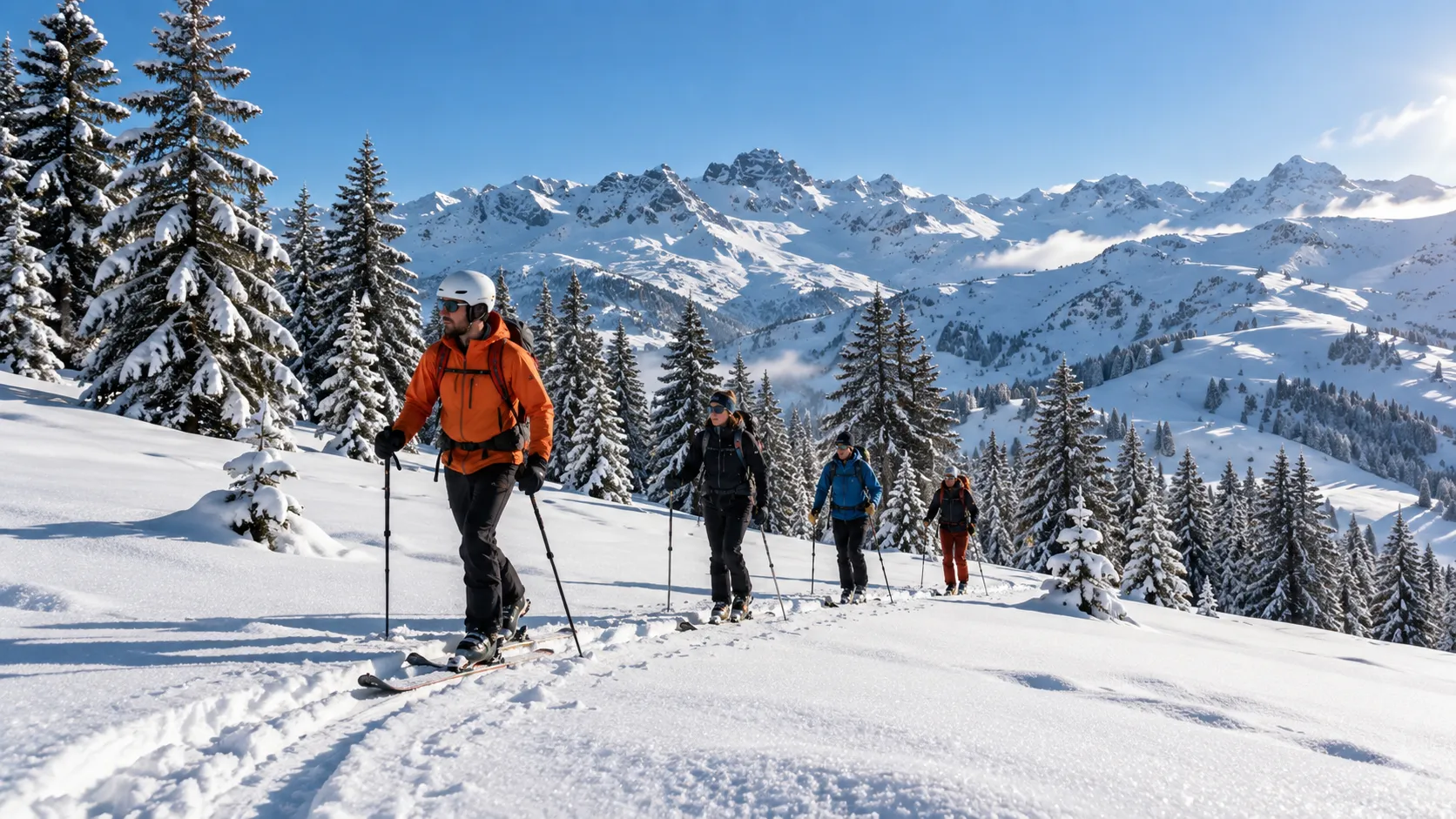 Een groep toerskiërs in een besneeuwd berglandschap, onder een stralend blauwe hemel.