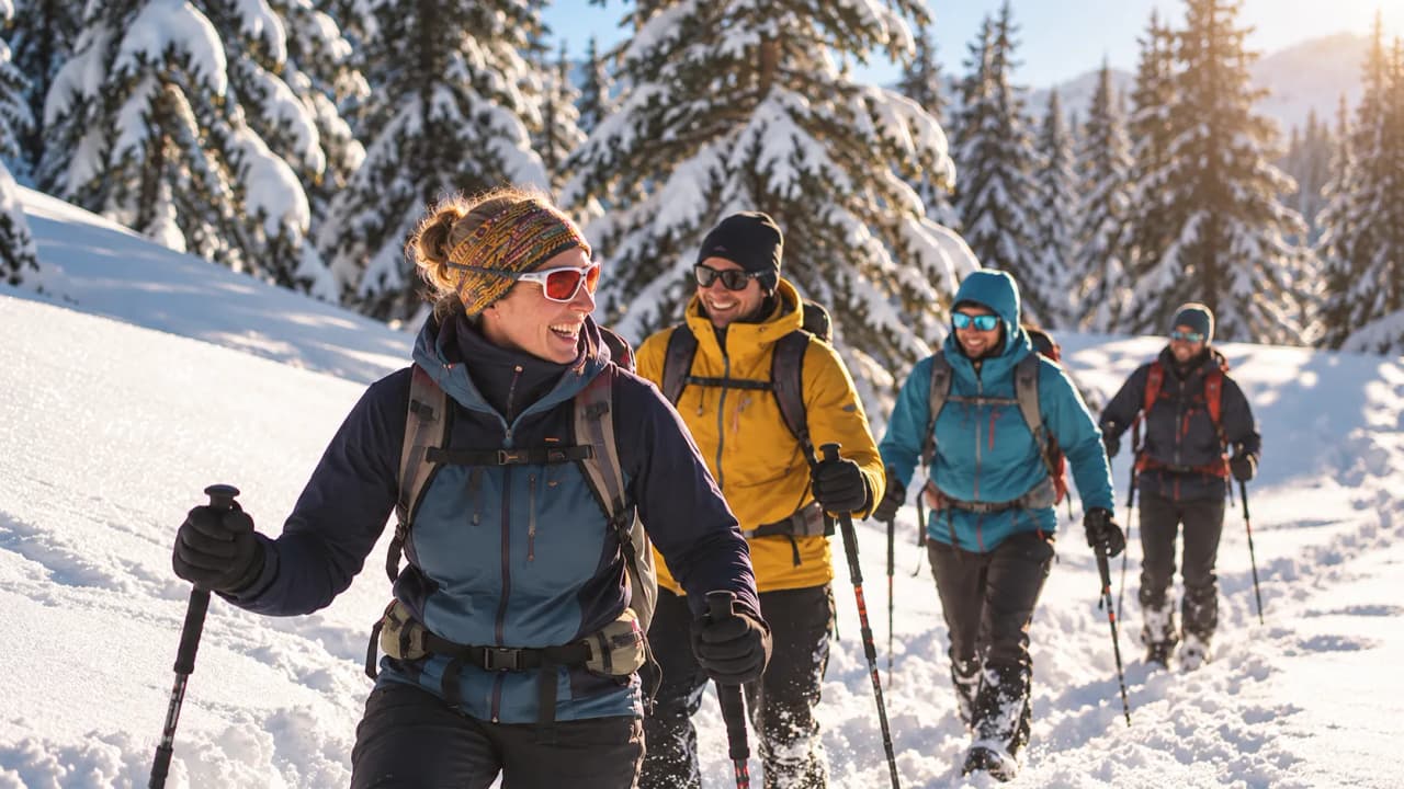A cheerful group on a snowshoe hike through the snow in the heart of the Vercors, under a sunny sky.