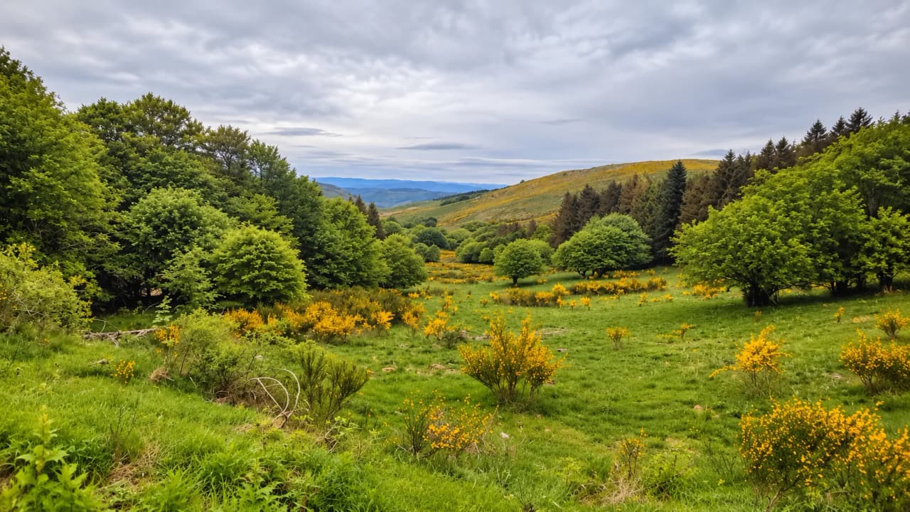 A lush green landscape in the Cévennes, dotted with yellow flowers, beneath a cloudy sky. An escape into nature.