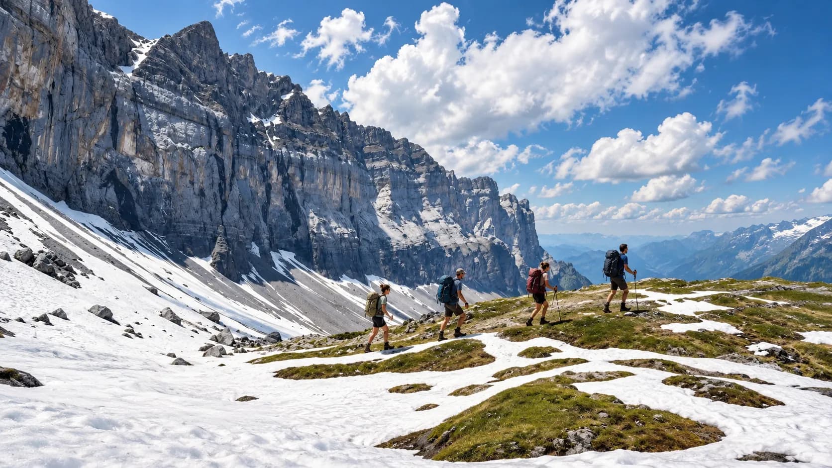 A hike in the mountains, breathtaking scenery and snow beneath a blue sky dotted with clouds.