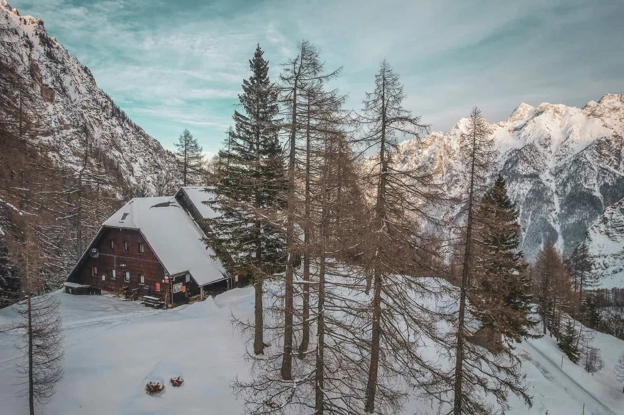 Cabane alpine enneigée entourée de sapins, avec des montagnes majestueuses en fond.