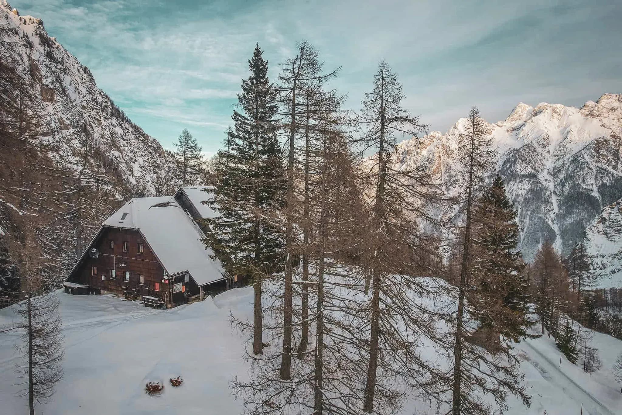 Cabane alpine enneigée entourée de sapins, avec des montagnes majestueuses en fond.