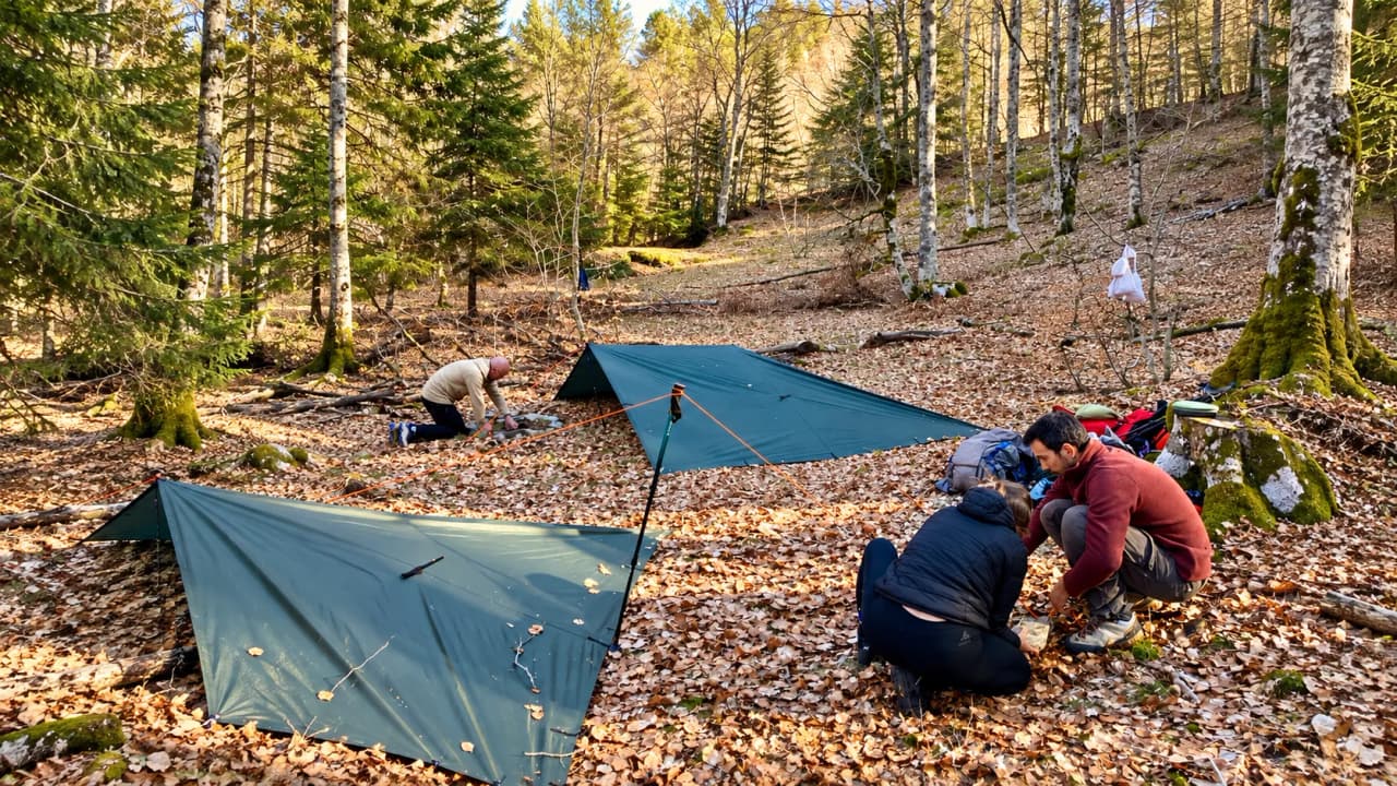 Three people are building shelters in the middle of the forest, surrounded by golden foliage.