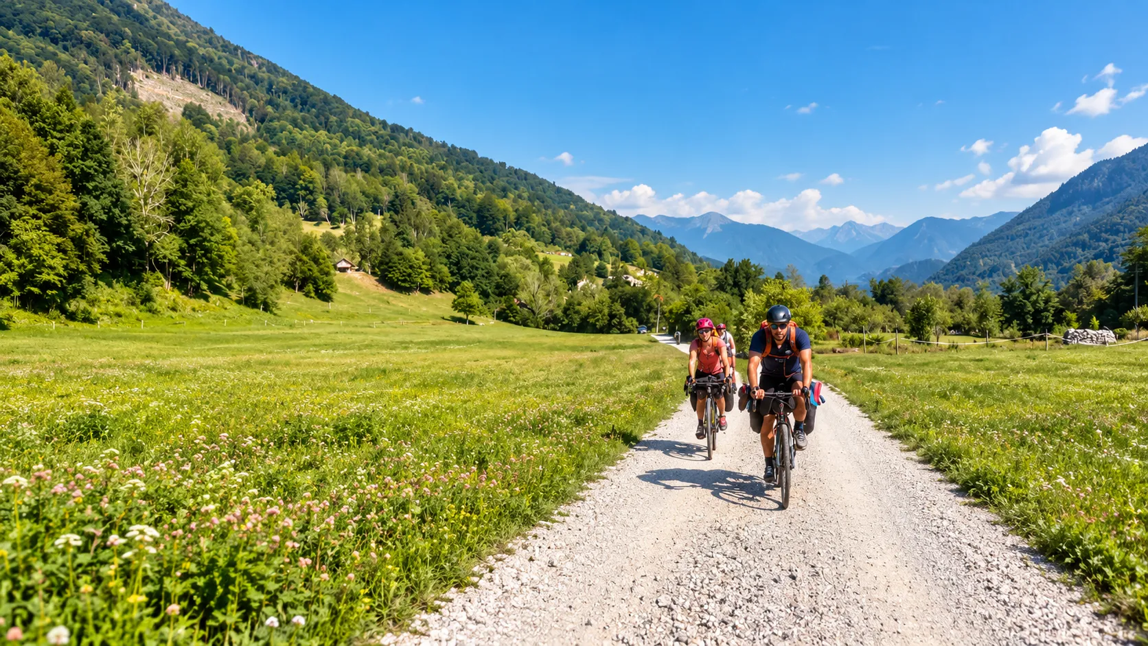 Deux cyclistes sur un chemin gravillonné au cœur des Alpes slovènes, entourés de verdure.