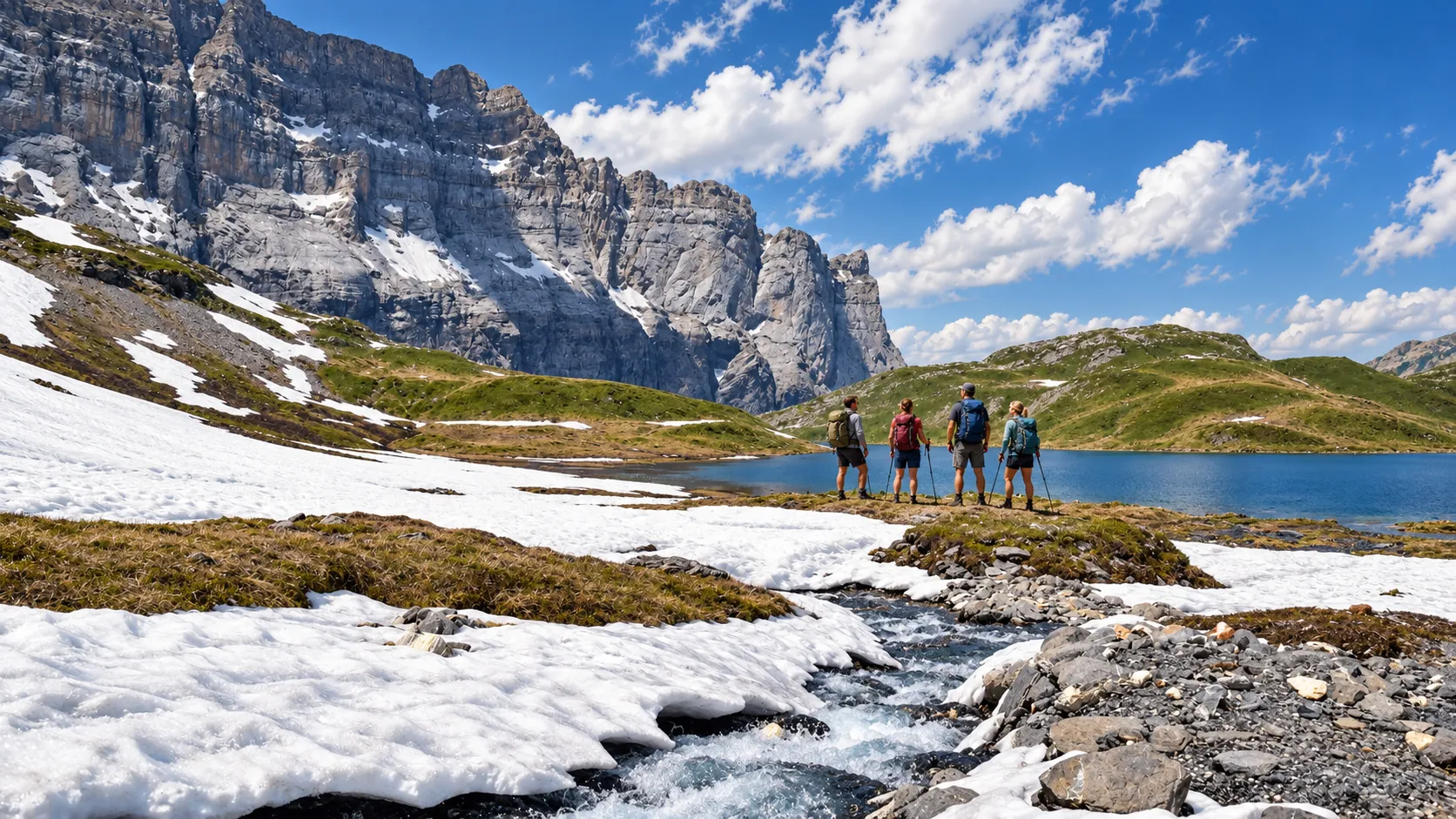 A group of walkers are admiring an alpine lake surrounded by majestic mountains and snow.