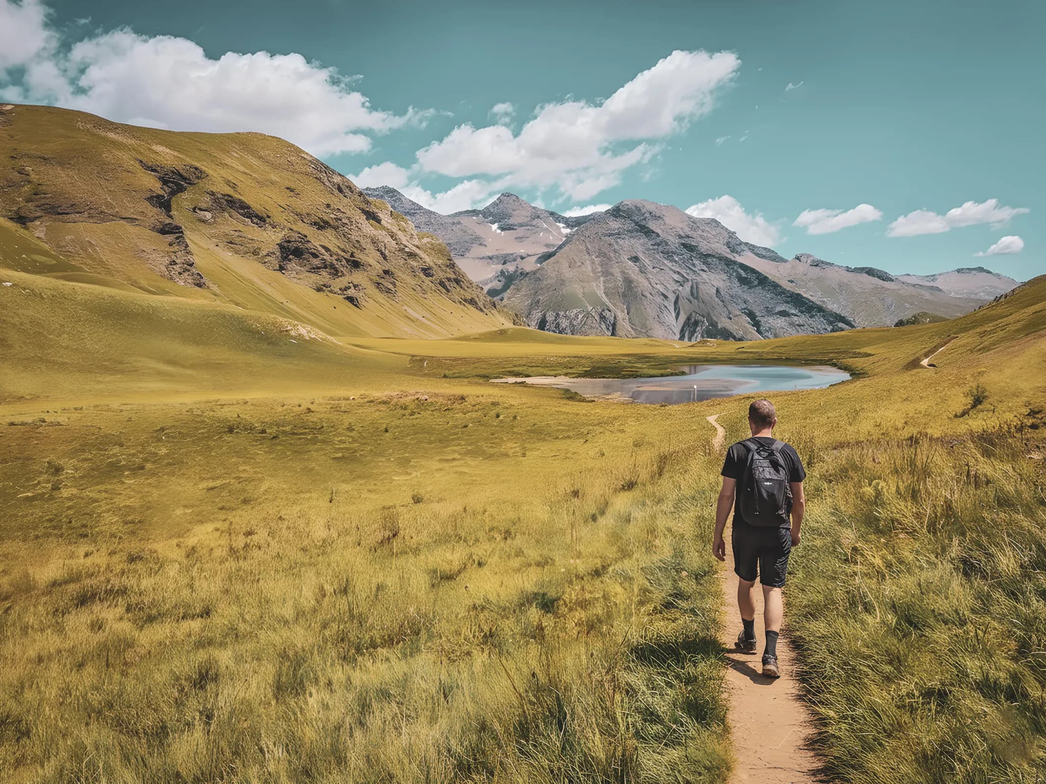 A hiker explores a majestic Alpine landscape, between mountains and a peaceful lake.