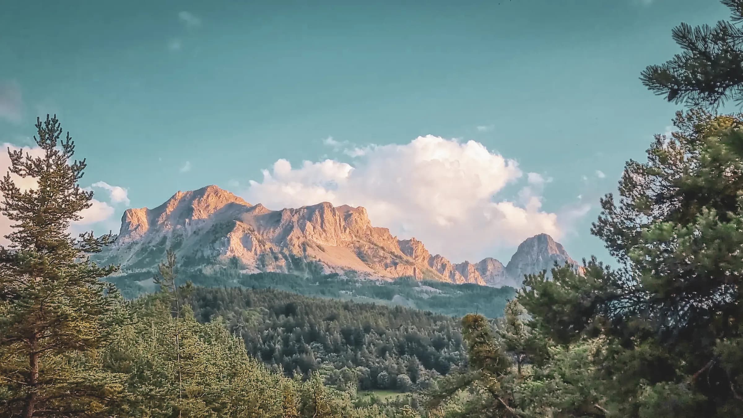 Panoramisch uitzicht op de majestueuze Alpen, met zonovergoten rotspieken omringd door weelderige groene bossen.