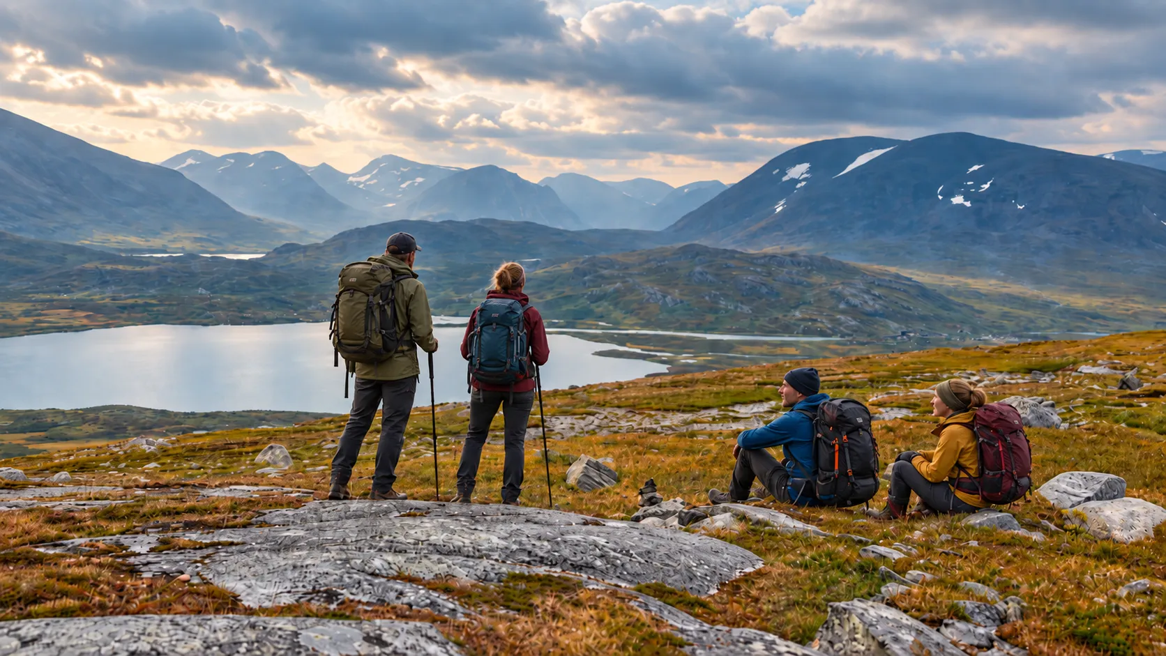 Wandelaars die genieten van een vredig landschap in Lapland, met bergen en glinsterende meren op de achtergrond.