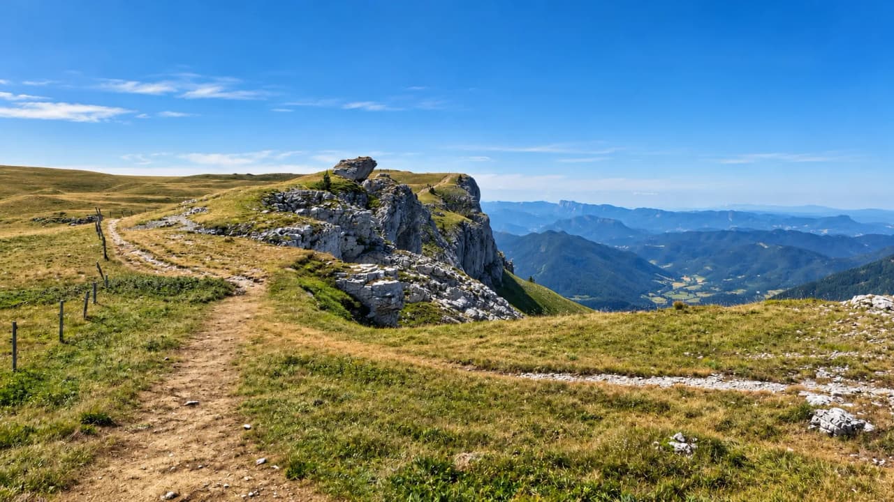 Sun-drenched trails across the Vercors plateaus, offering magnificent panoramic views of the mountains.