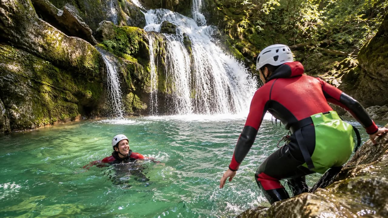 Deux personnes en combinaison de canyoning profitent d'une eau cristalline sous une cascade.