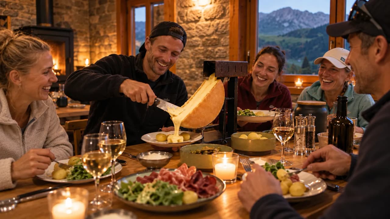 A group of people are enjoying a delicious meal around a wooden table, with a panoramic view of the mountains.