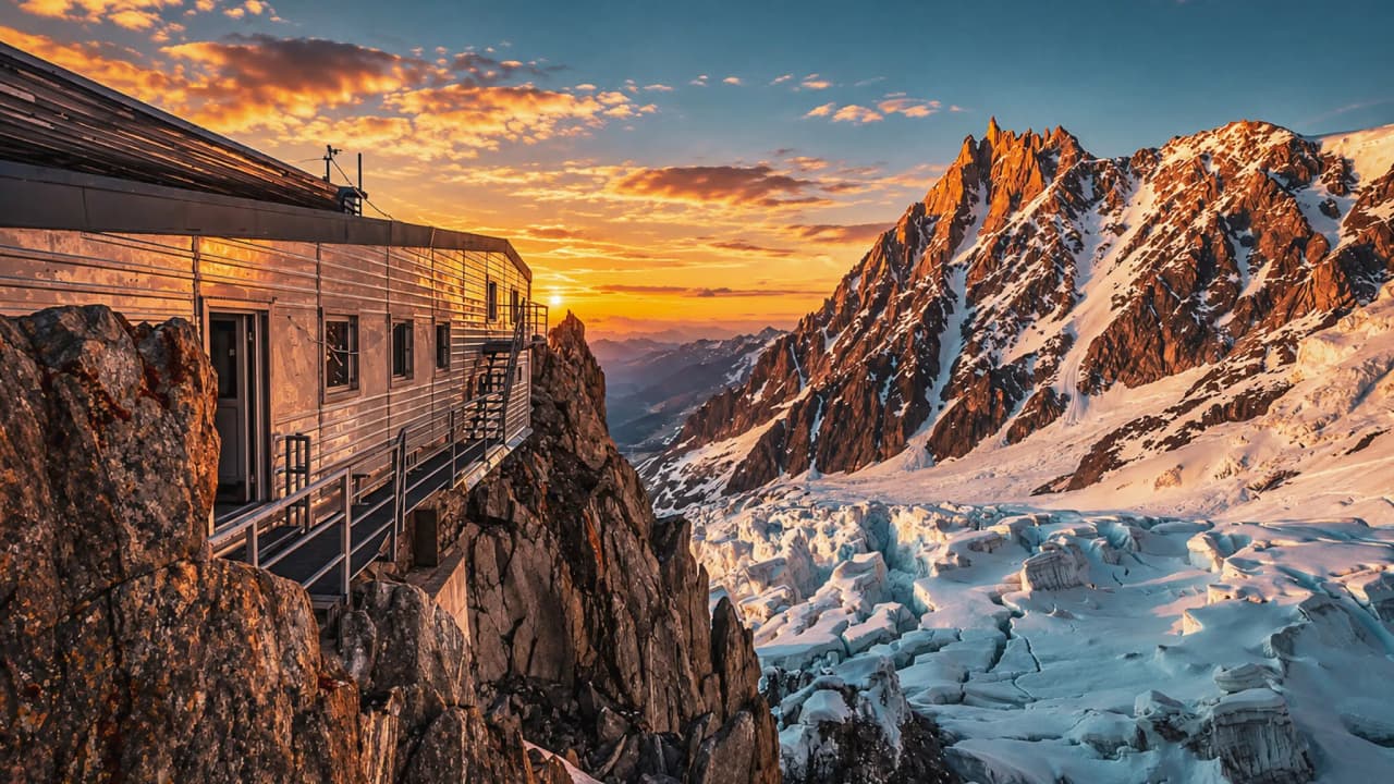 Coucher de soleil sur le Mont Blanc, refuges en altitude et glaciers étincelants. Magnifique !