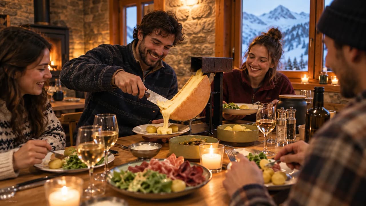 A cosy meal in the mountains, a delicious fondue and laughter around a convivial table.