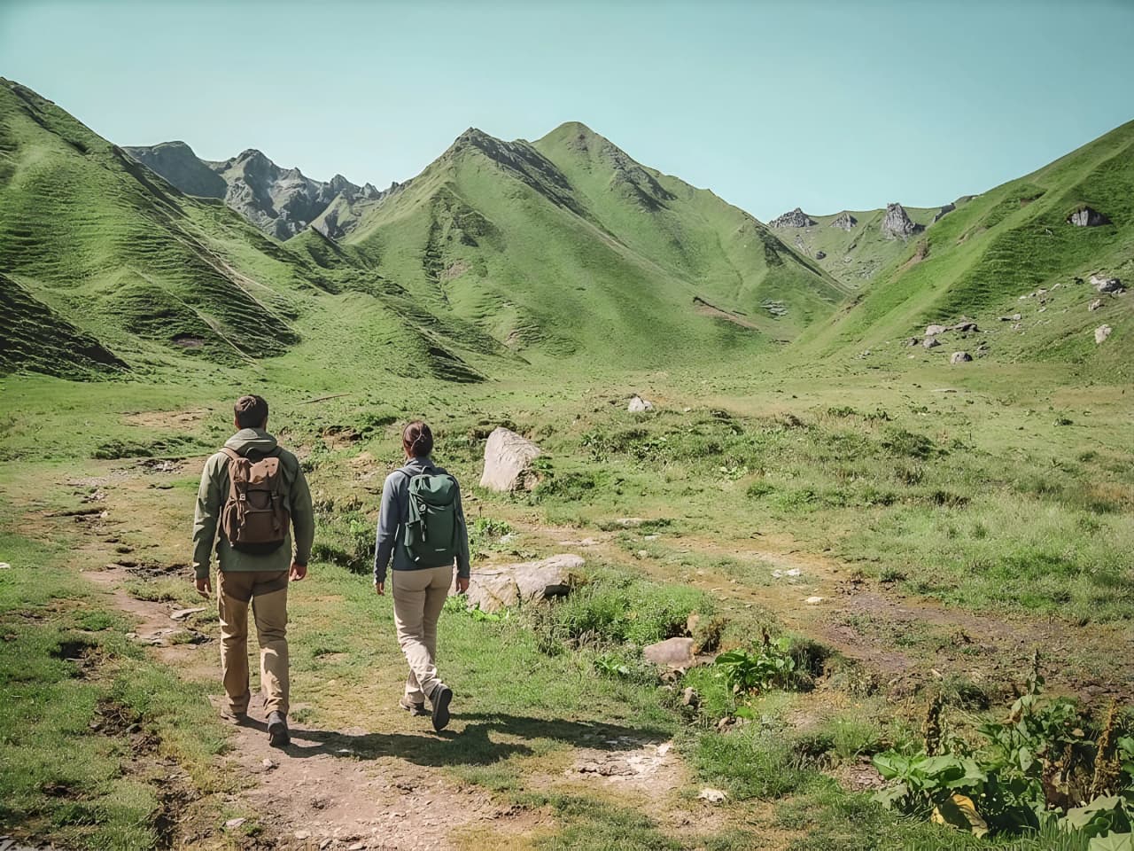 Twee wandelaars lopen over een groen pad, omringd door majestueuze vulkaanruggen.
