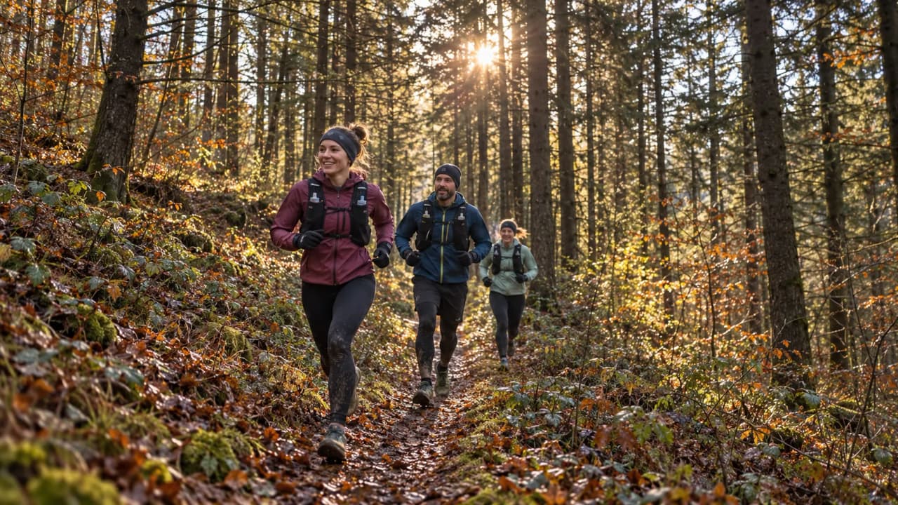 Des coureurs souriants sur un sentier forestier aux couleurs automnales, lumière dorée.