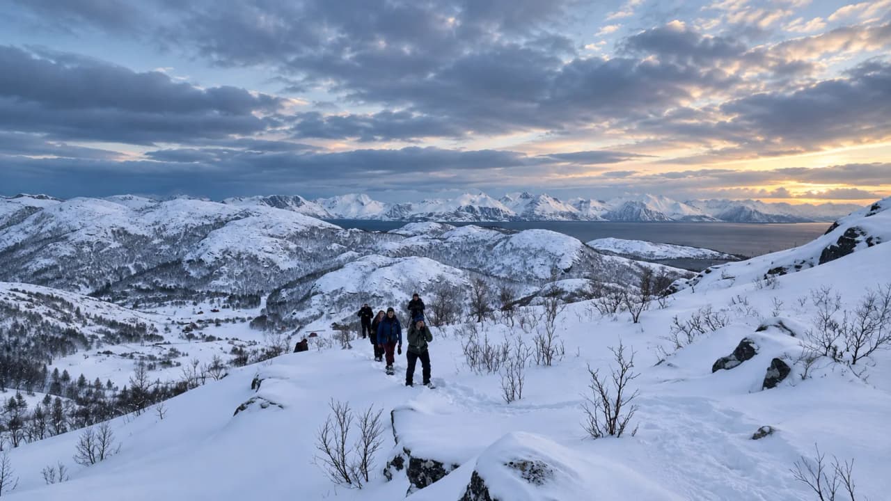 Randonnée en raquettes dans un paysage enneigé des Lofoten, sous un ciel époustouflant.
