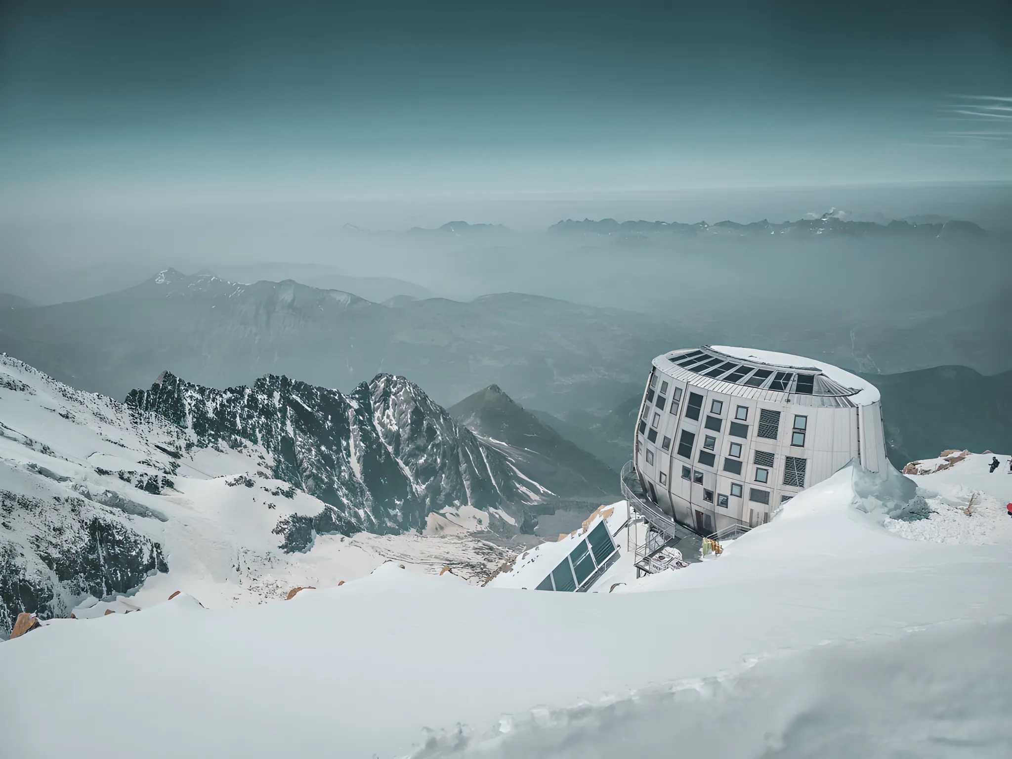 Vue majestueuse des cimes enneigées du Mont Blanc et d'un refuge alpin moderne sous le ciel bleu.