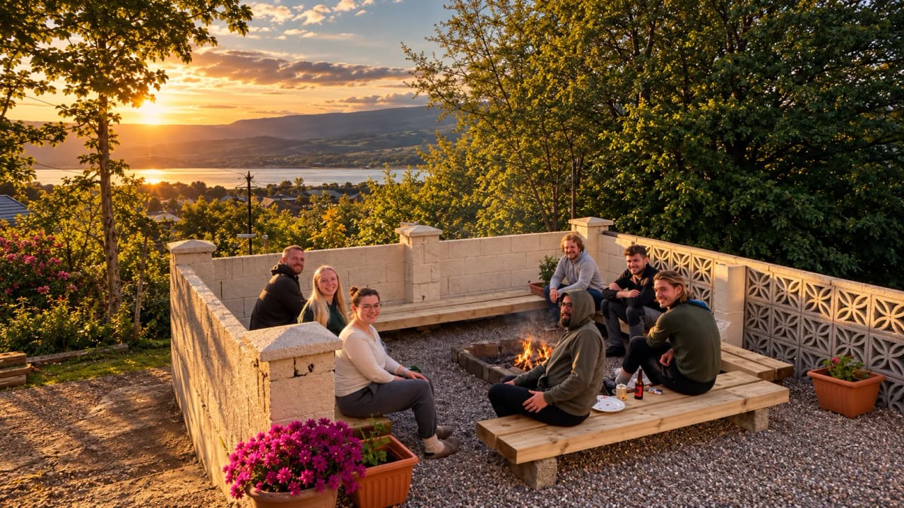 The group gathered around the fire on the terrace of Fort William Backpackers at sunset