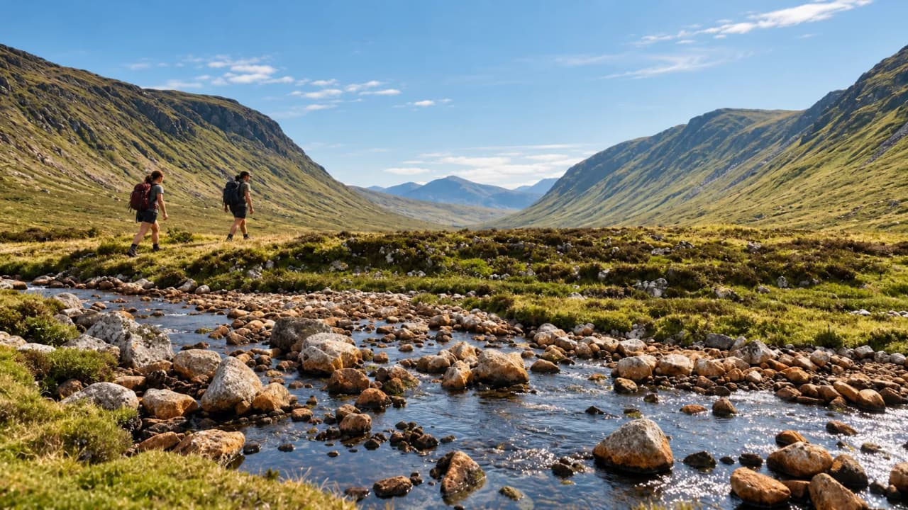 Two hikers walking beside a rocky stream in a wide Highland glen