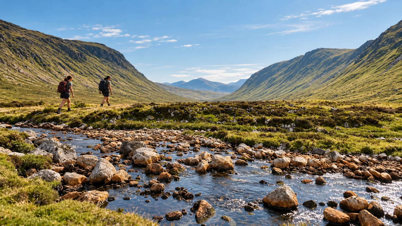 Twee wandelaars lopen langs een rotsige beek in een breed dal in de Highlands