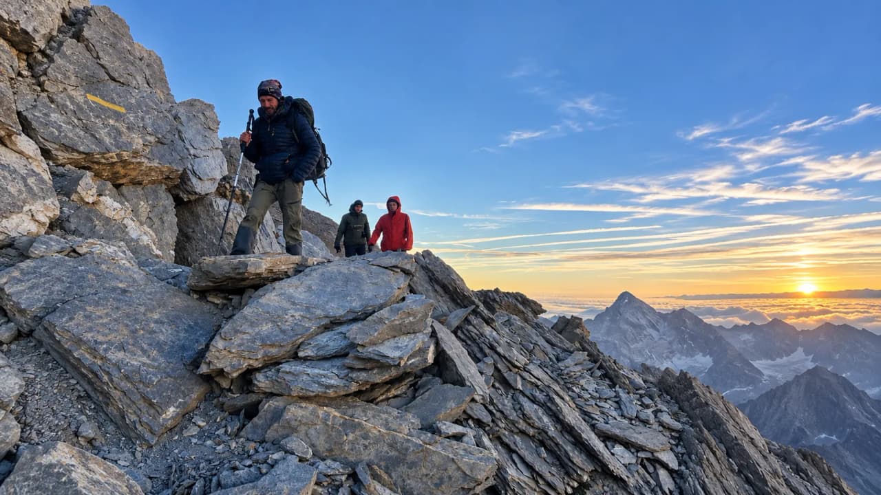 Montée en altitude dans les Alpes, paysages majestueux et lever de soleil époustouflant.