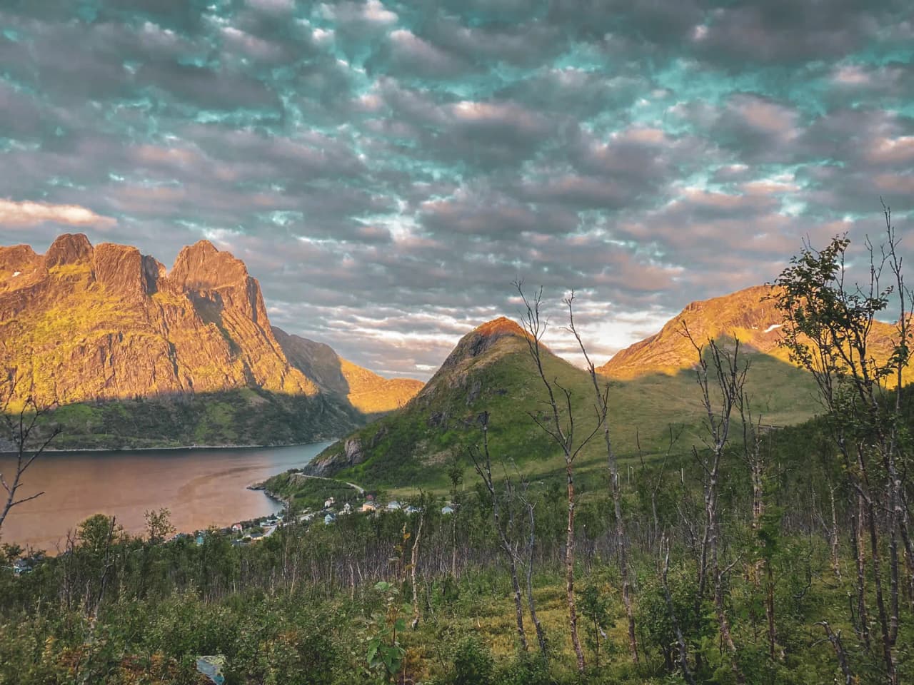 Het sprookjesachtige landschap van het eiland Senja, met fjorden, majestueuze bergen en gouden licht.