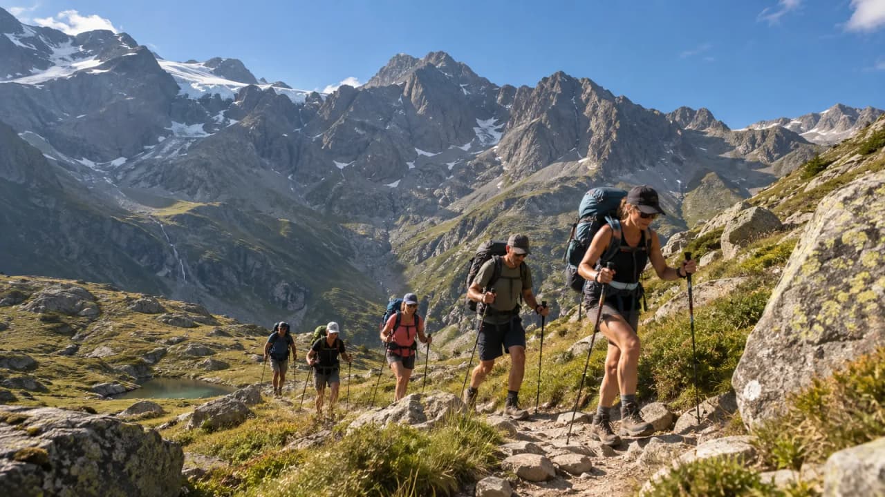 A group of adventurers trekking in the Valgaudemar mountains, amidst majestic landscapes and unspoilt nature.
