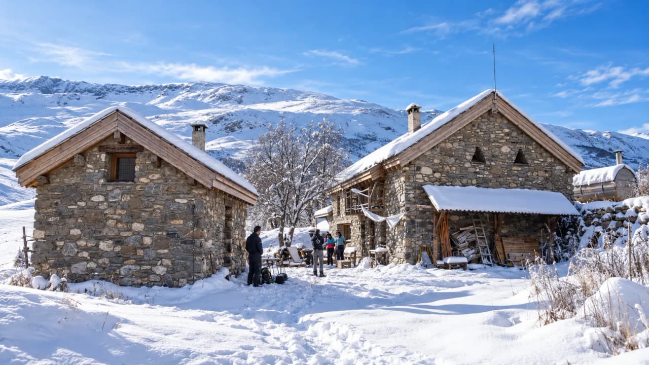 Snow-covered mountain huts beneath a blue sky, beckoning you to embark on a mountain adventure.