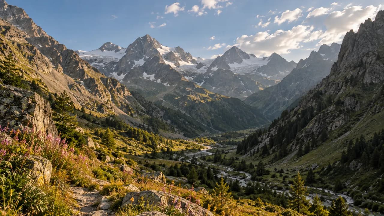 Panoramic view of the Écrins mountains, lush green valleys and wildflowers in spring.