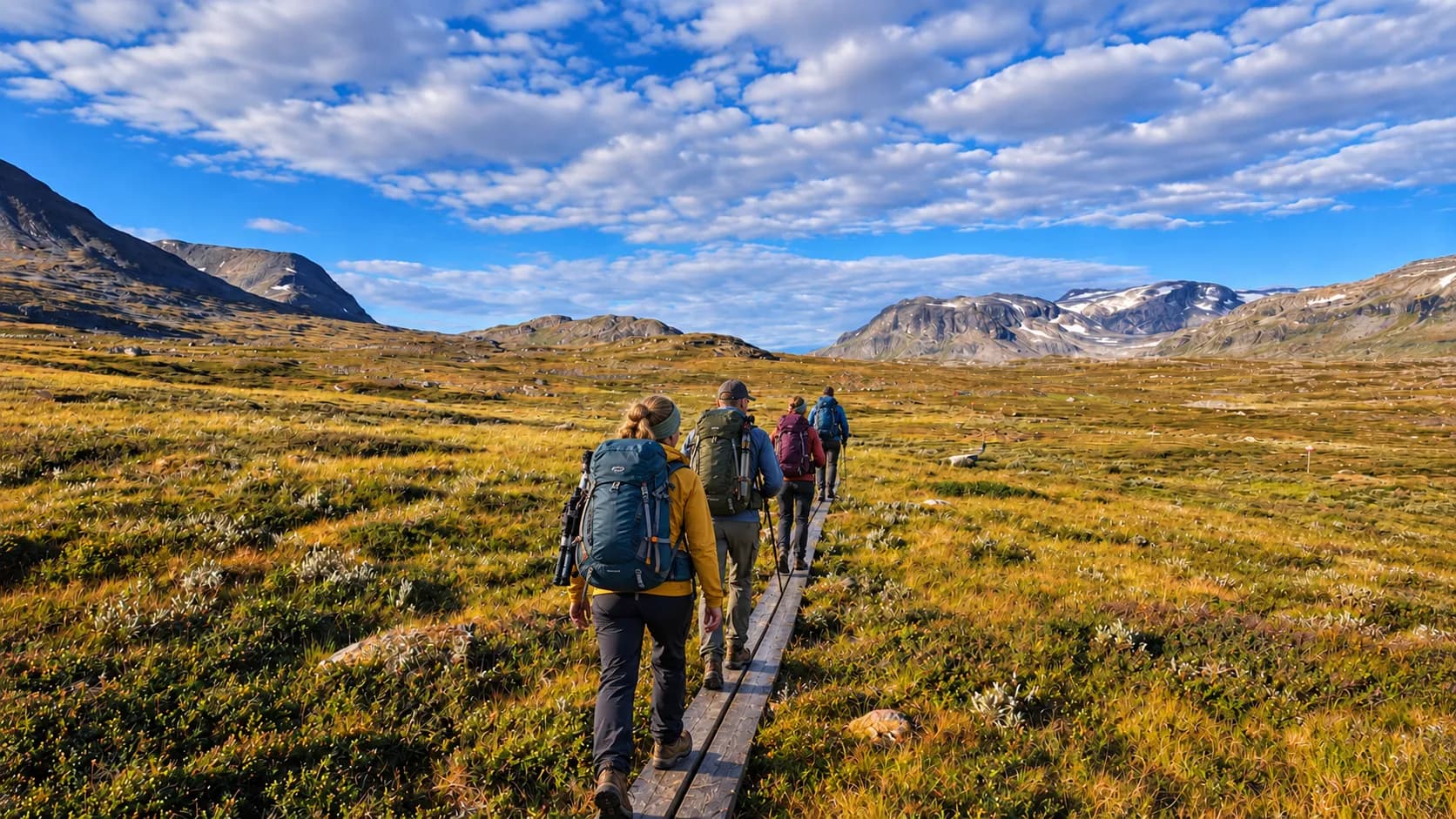 Wandelaars op een pad in Zweeds Lapland, omringd door majestueuze landschappen.