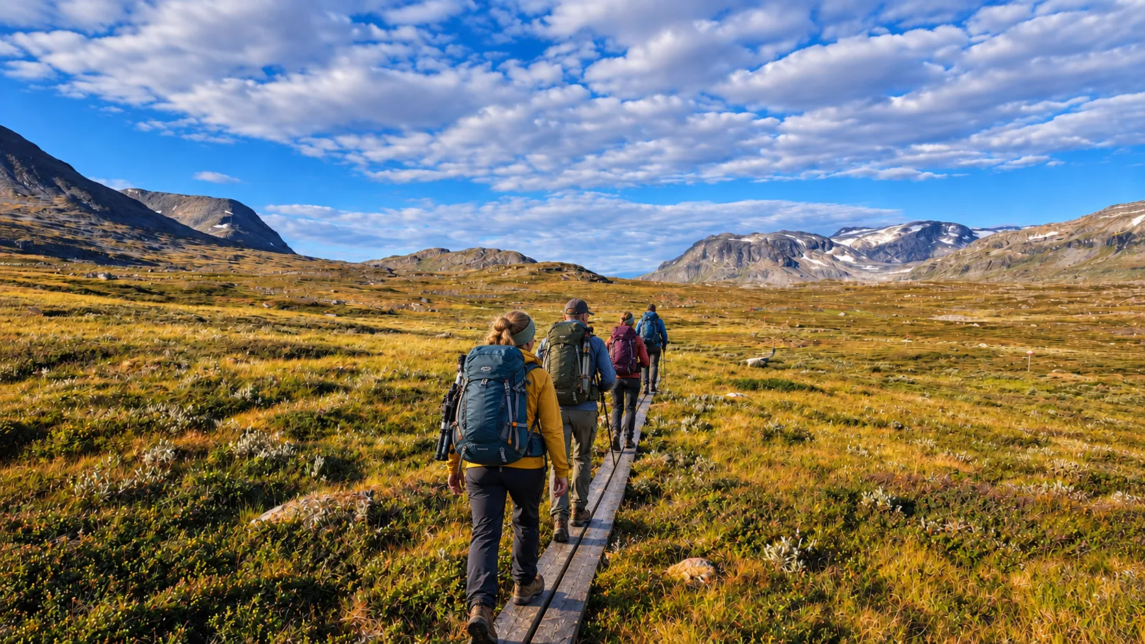 Wandelaars op een pad in Zweeds Lapland, omringd door majestueuze landschappen.